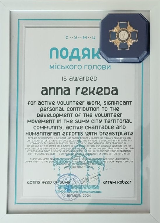 Anna Rekeda Awarded Medal for Volunteering by the Mayor of Sumy, Ukraine