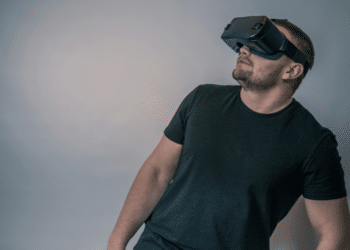 A person using a virtual reality headset.