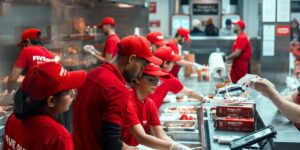 fast food workers preparing meals to serve