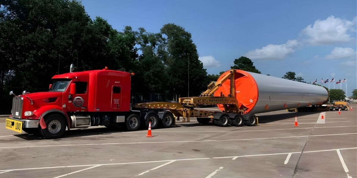 Red semi truck transporting an oversized wind turbine blade section