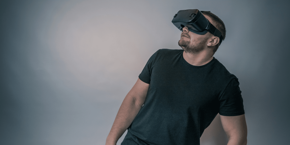 A person using a virtual reality headset.